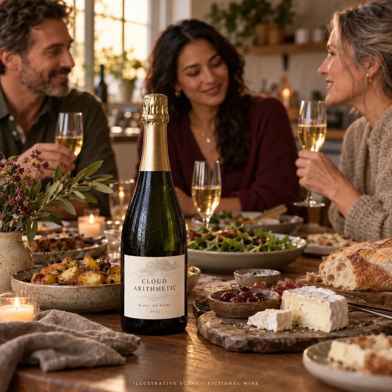 AI-created illustrative gathering with adult friends and a bottle of Cloud Arithmetic; not a customer photograph