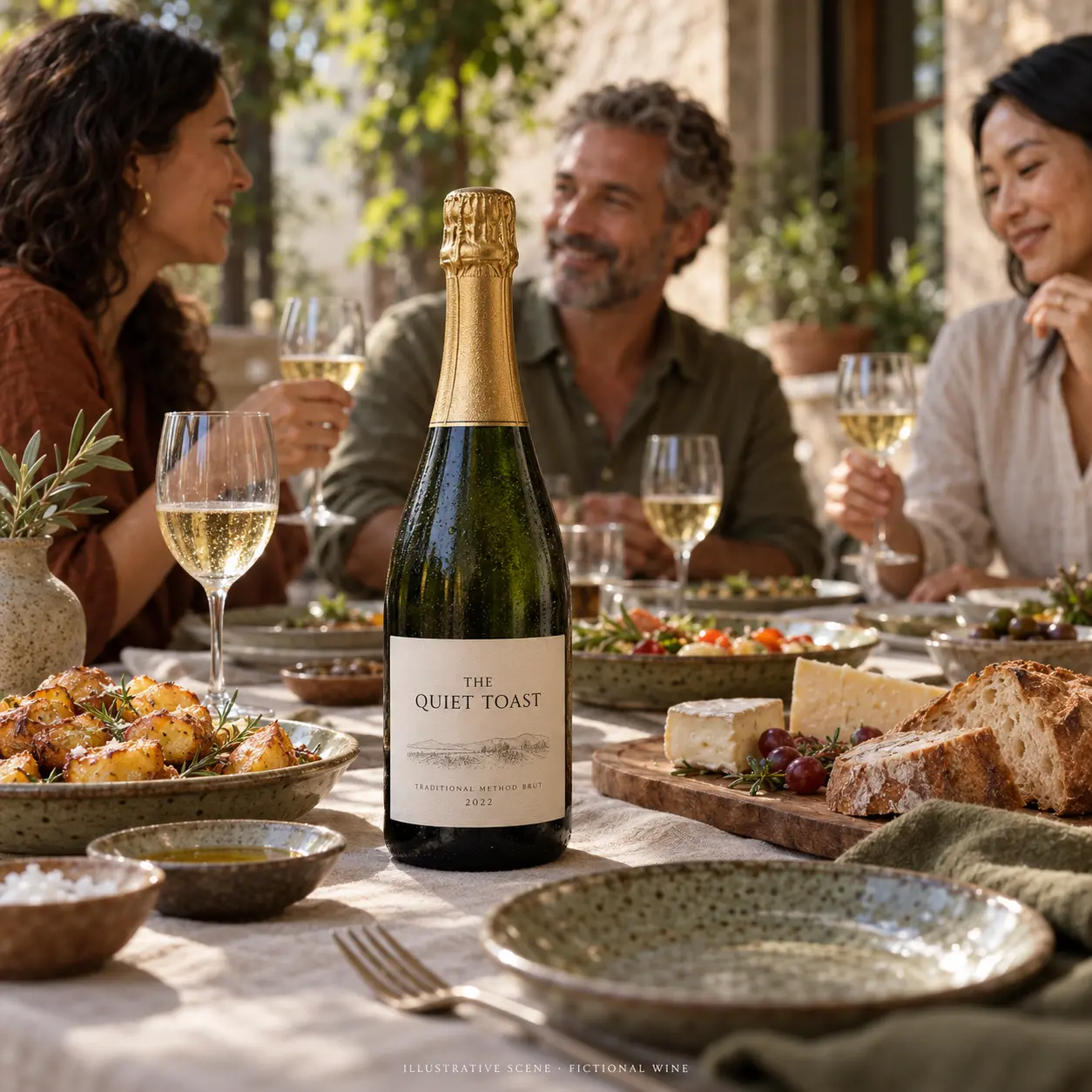 AI-created illustrative gathering with adult friends and a bottle of The Quiet Toast; not a customer photograph