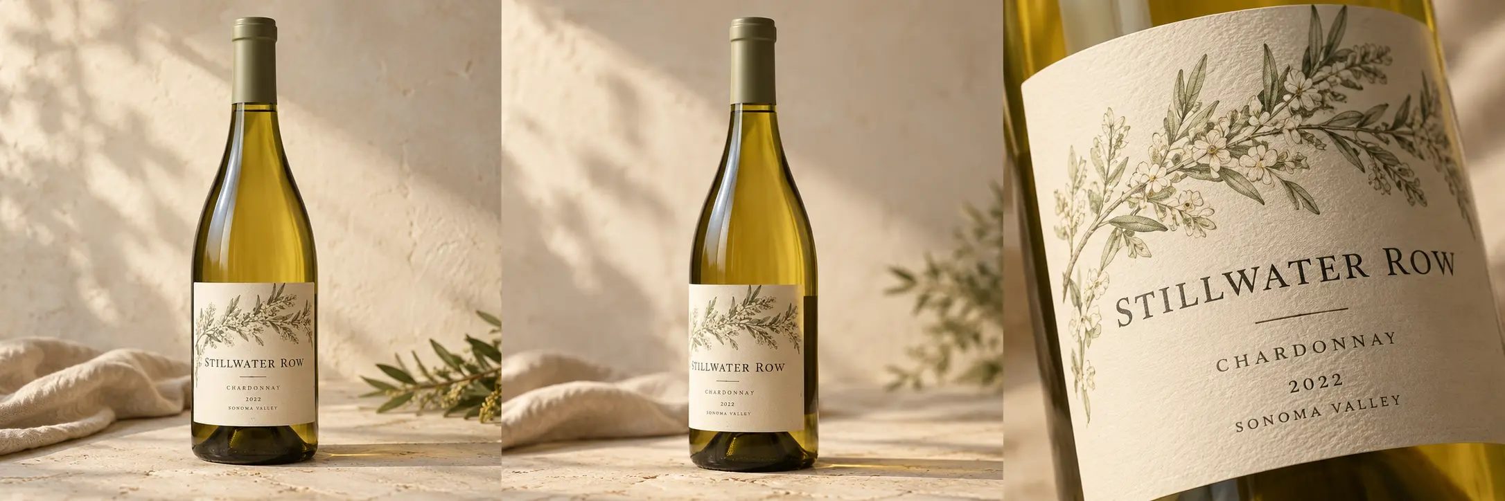 Illustrative Stillwater Row Chardonnay bottle, front view