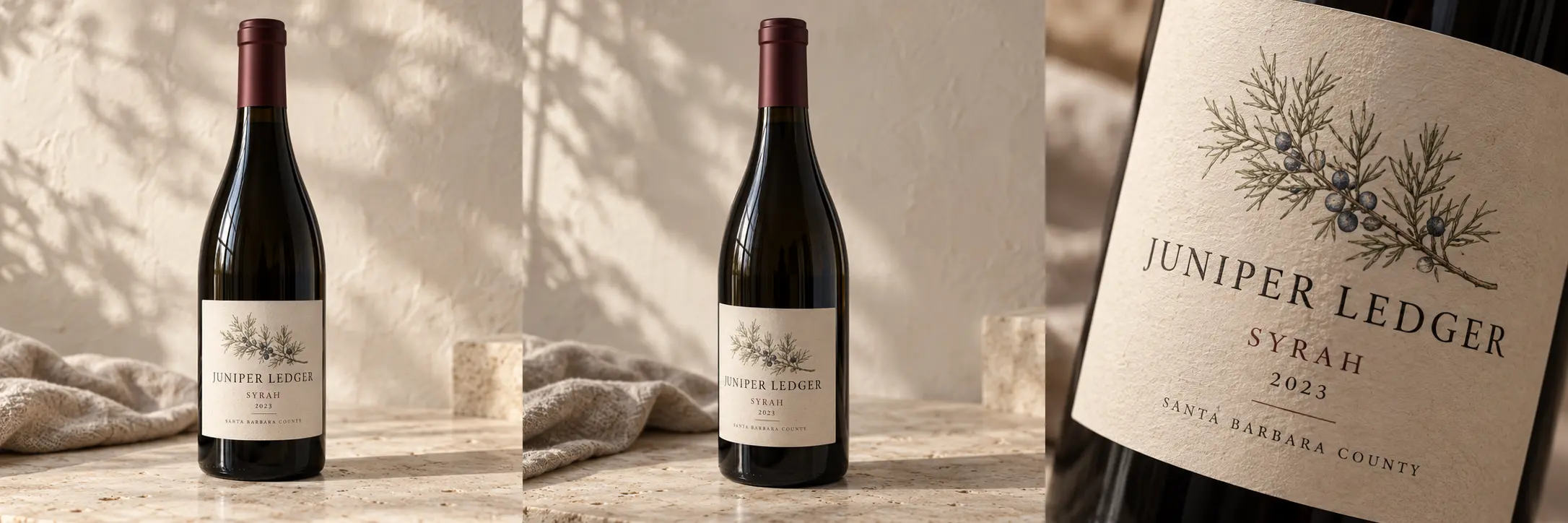 Illustrative Juniper Ledger Syrah bottle, front view