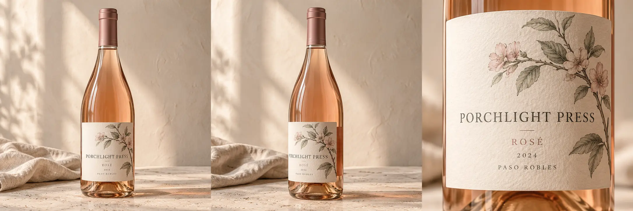 Illustrative Porchlight Press Rosé bottle, front view