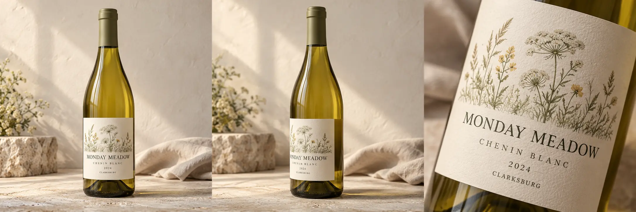 Illustrative Monday Meadow Chenin Blanc bottle, front view