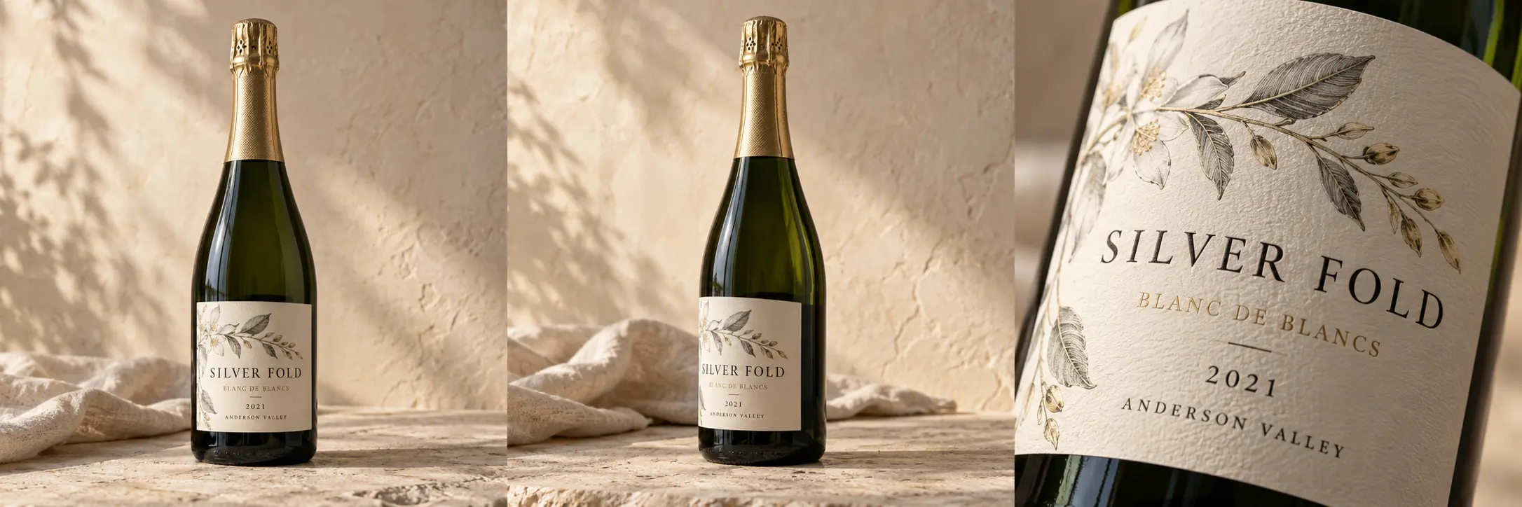 Illustrative Silver Fold Blanc de Blancs bottle, front view