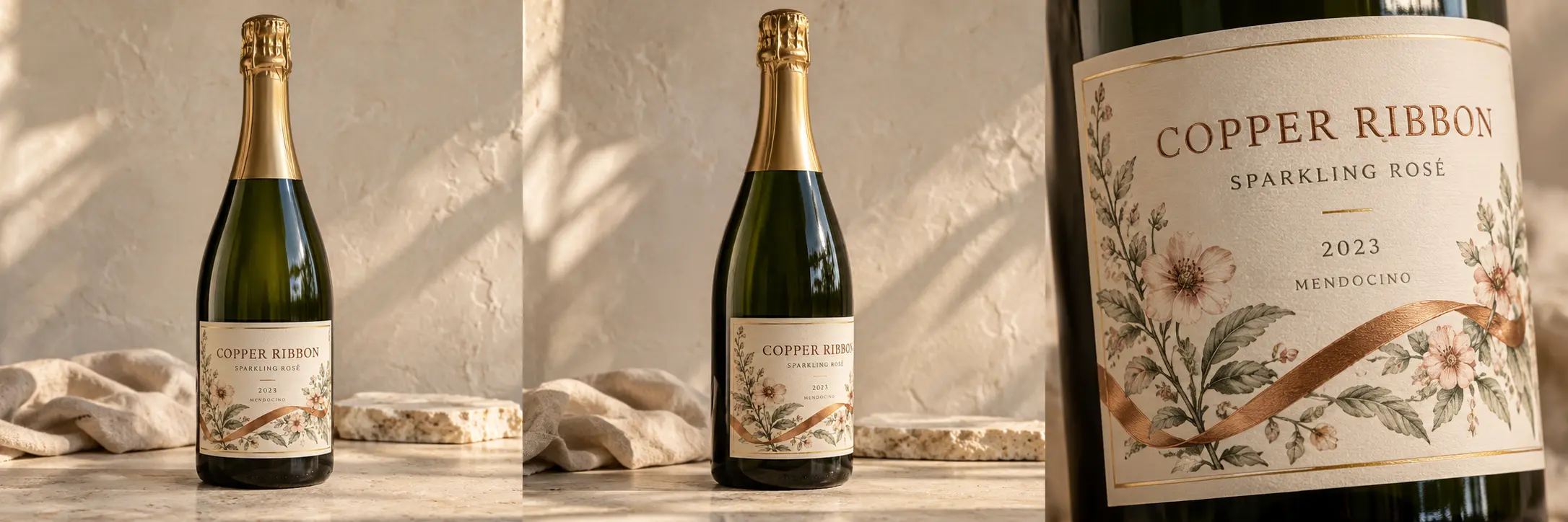 Illustrative Copper Ribbon Sparkling Rosé bottle, front view